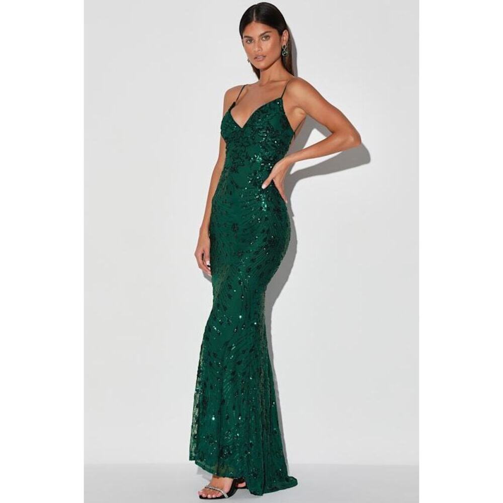 Lulus Photo Finish Forest Green Sequin Lace-up Maxi Dress